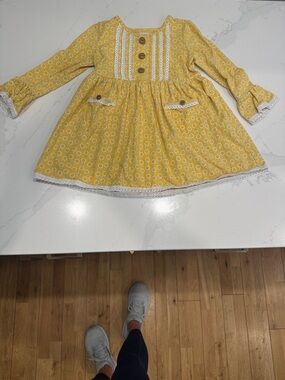 Toddler Yellow Floral Lace-Trim Long Sleeve Dress